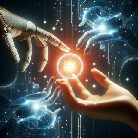 A visual representation of AI and human interaction, showcasing immediate connectivity and collaboration in a futuristic setting.